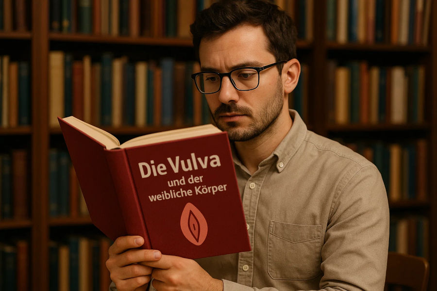 Ein Mann beliest sich über Vulven
